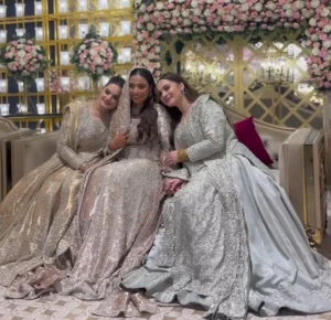 Pakistani actresses Aiman Khan and Minal Khan with their brother's bride.